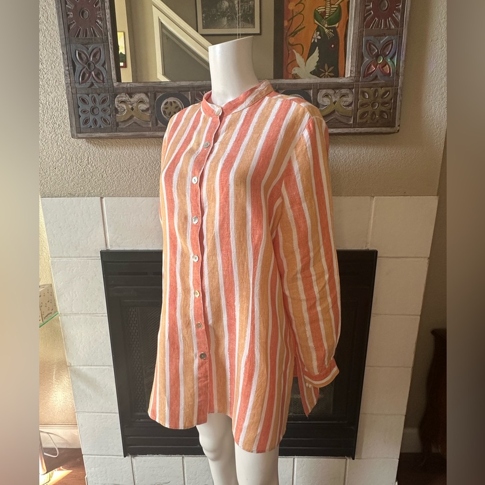 VTG Xl Orange striped linen Shell button Long sleeve shirt Norm Thompson